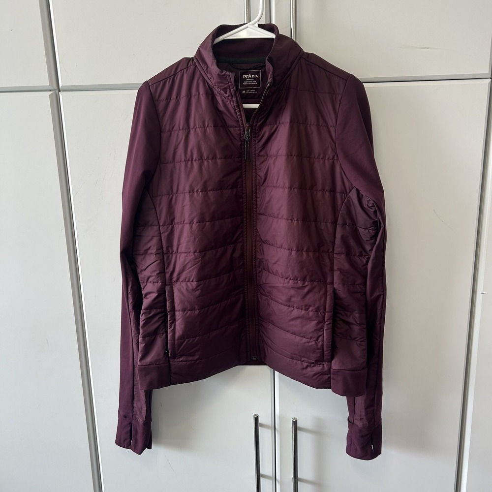 Prana Womens Hybrid Quilted Puffer Jacket Burgundy Full Zip Thumbhole Medium